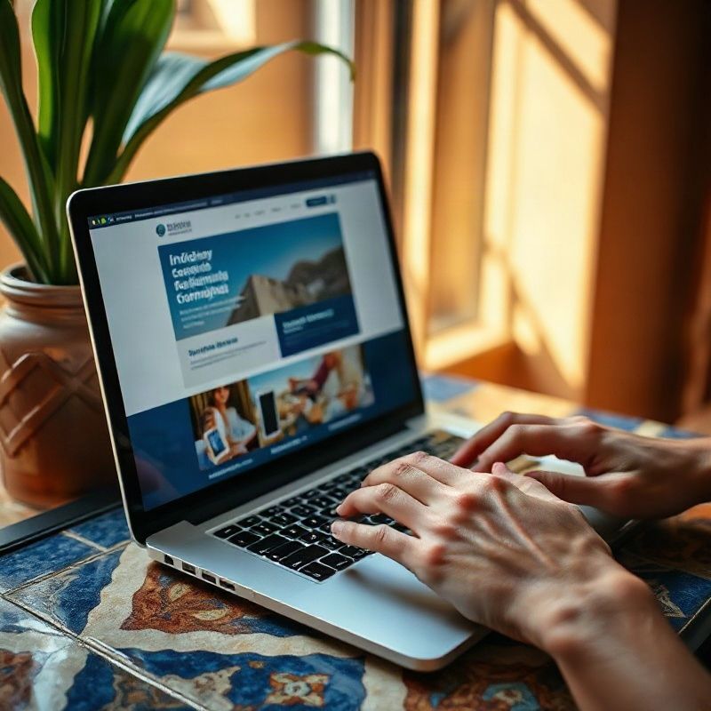Portátil sobre una mesa de azulejos sevillana mostrando el diseño de una web índigo