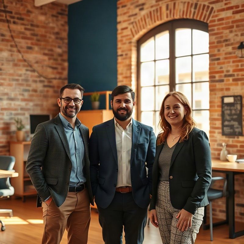 Retrato natural de tres profesionales en un espacio de coworking sevillano con luz cálida